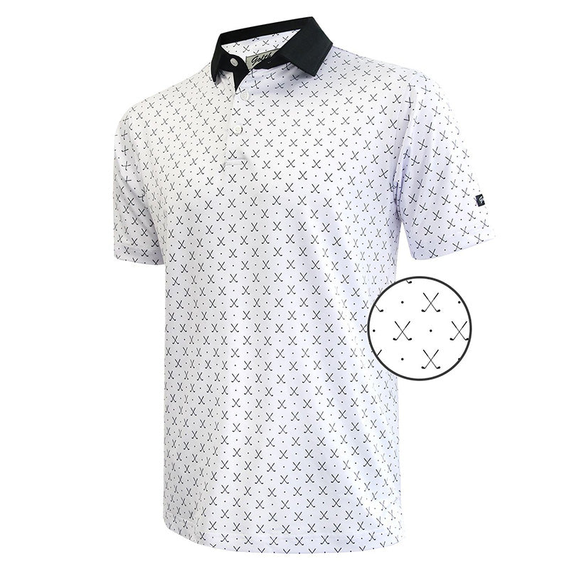 Fitted Golf Polo with All-Over Print – Contrast Collar Performance Shirt