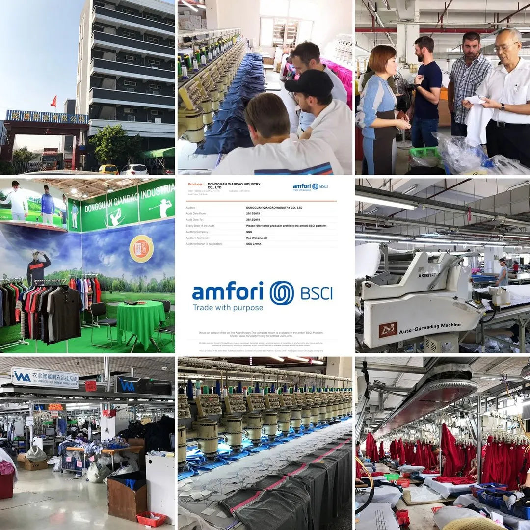 Qiandao Apparel factory collage showing production workshops, embroidery machines, auto-spreading equipment, showroom, client visits, and BSCI certification