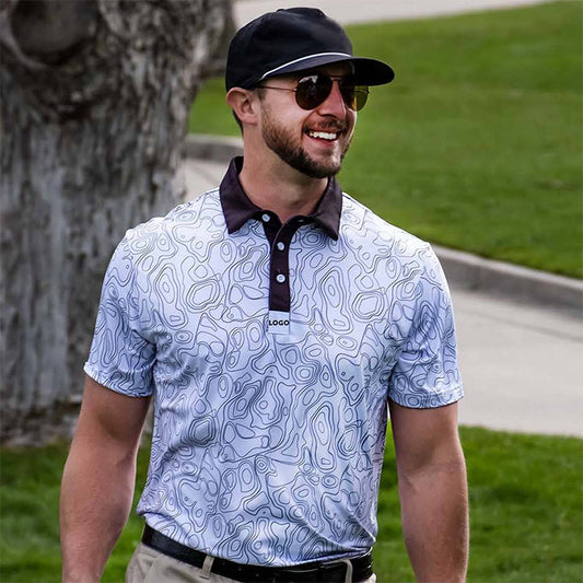 Men’s Golf Polo Shirt with Topographic Print – Quick-Dry Performance