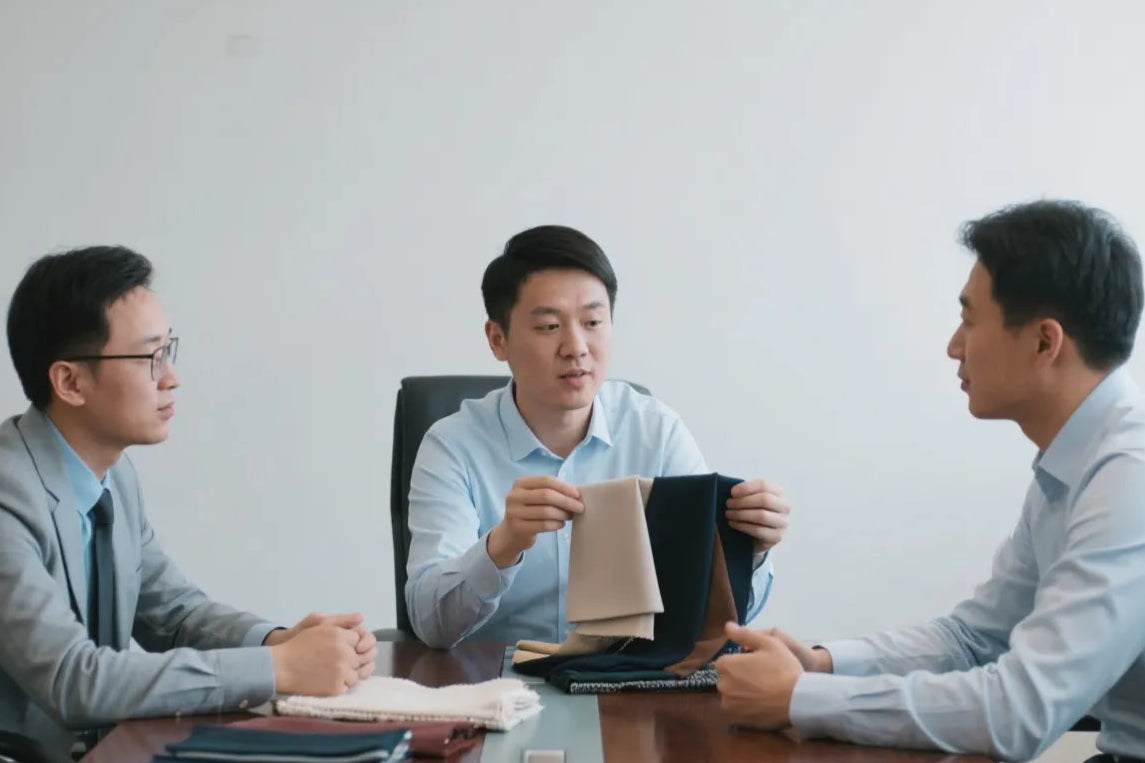 Three QC teams in a meeting room discussing, checksing measurements, workmanship, and packaging details
