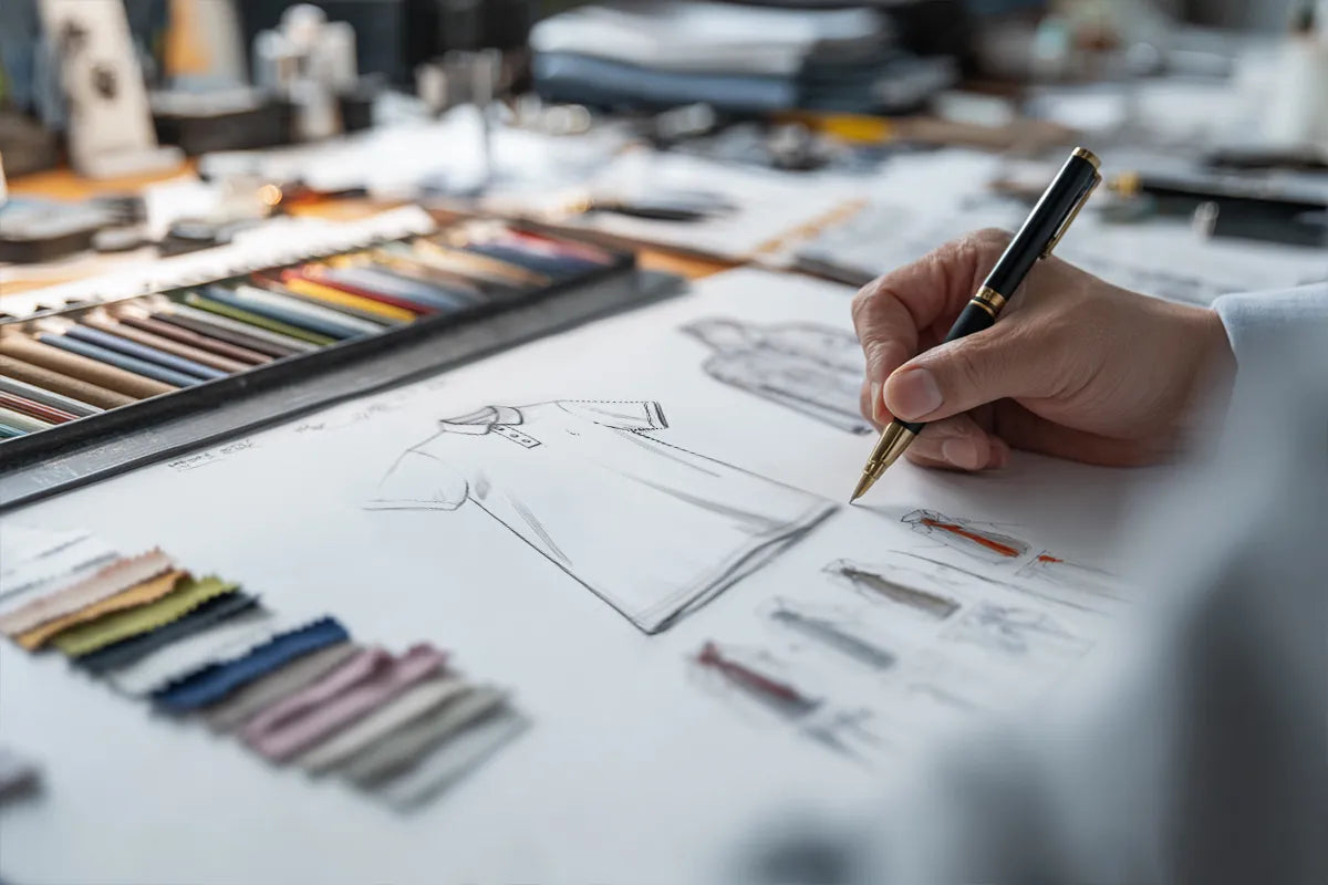 Polo shirt sketch with fabric samples, garment sketches and mockups for proofing and production