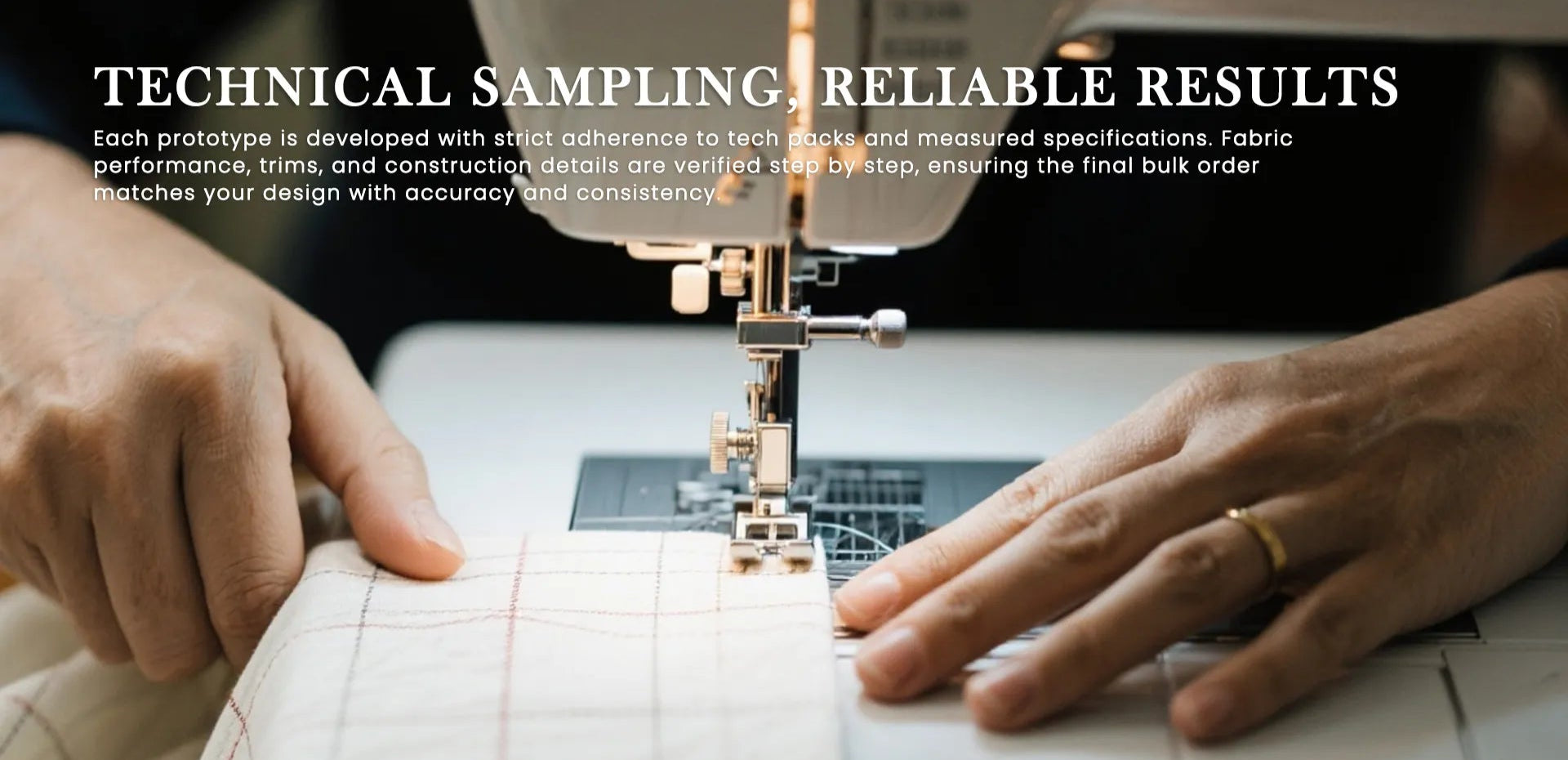 Close-up of sewing machine sewing clothes. Qiandao's fabric performance, trims, and construction details are verified step by step, ensuring the final result